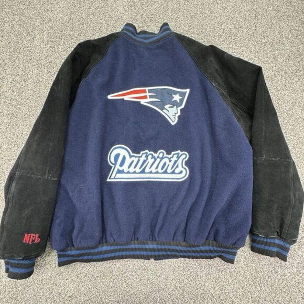 Vtg NE Patriotsâ Leather Wool Acrylic Blue Black Men XL Varsity Jacket Logo NFL